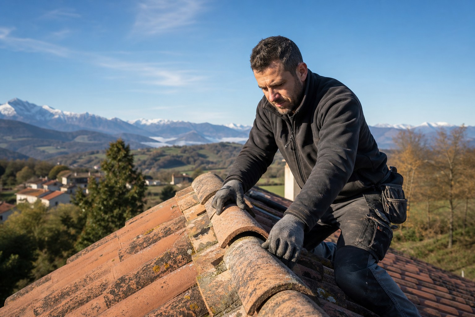 Artisan couvreur intervenant sur une toiture face aux Pyrénées
